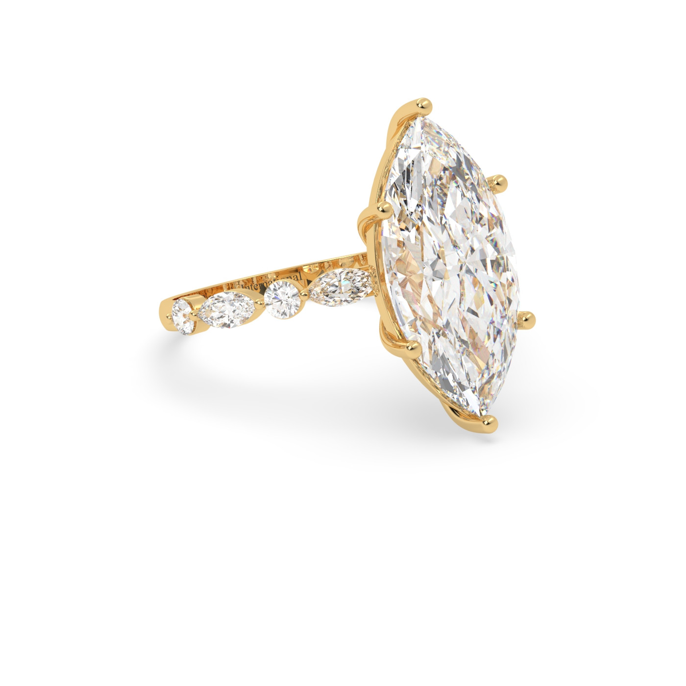 18k yellow gold marquise diamond ring with marquise & round side diamonds