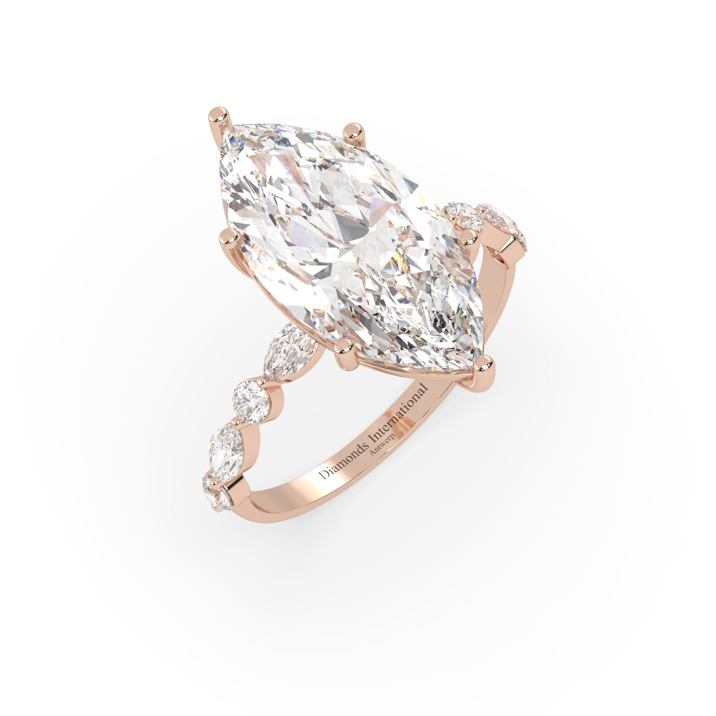 18k rose gold  marquise diamond ring with marquise & round side diamonds