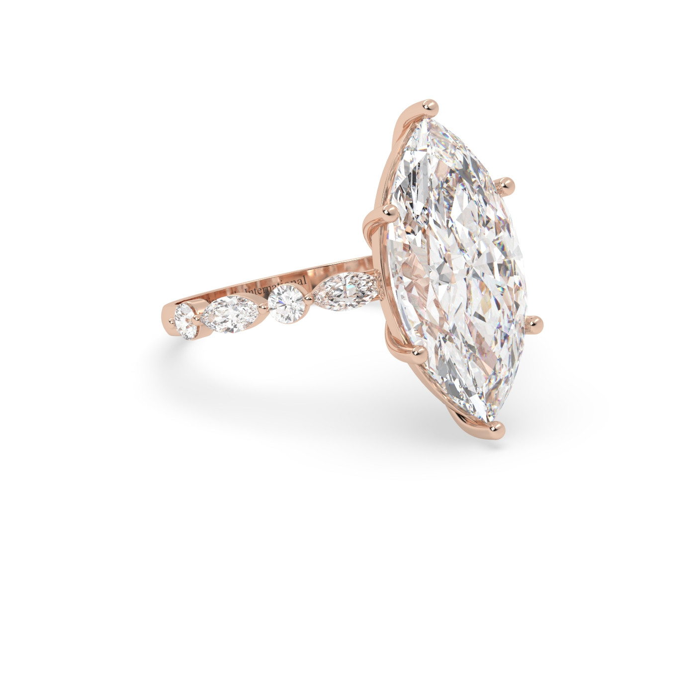 18k rose gold  marquise diamond ring with marquise & round side diamonds