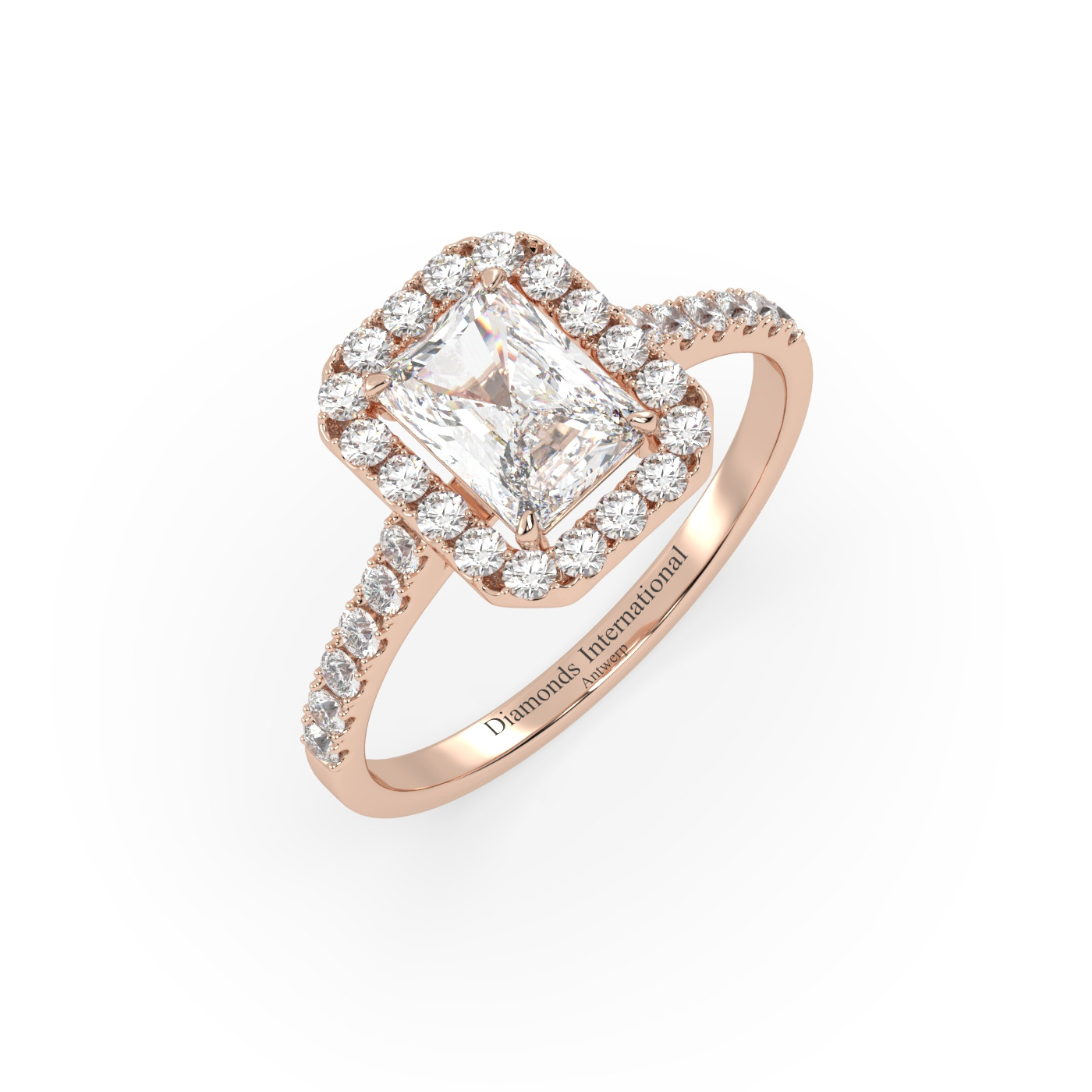 18k rose gold  emerald cut halo style diamond engagement ring with pave band