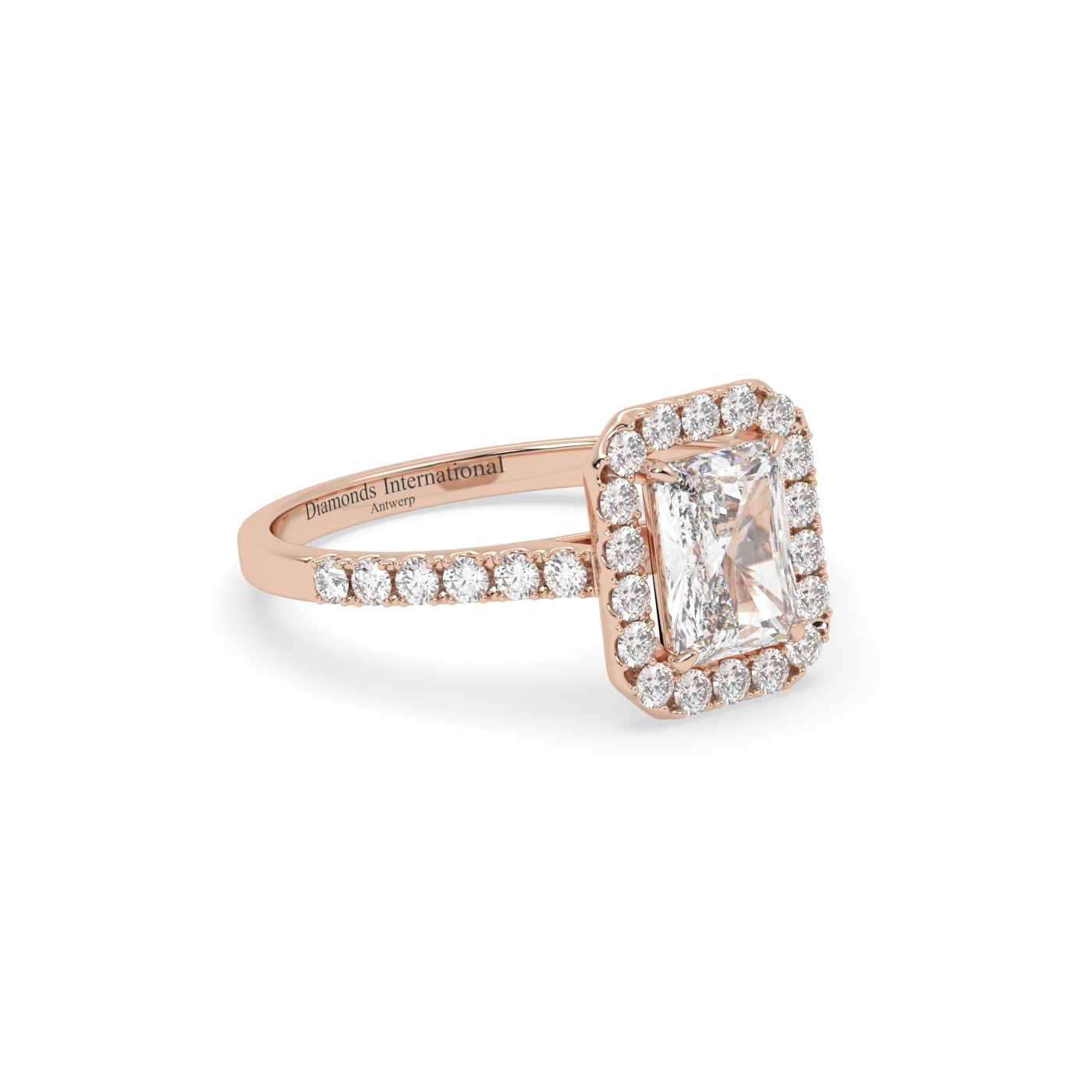 18k rose gold  emerald cut halo style diamond engagement ring with pave band