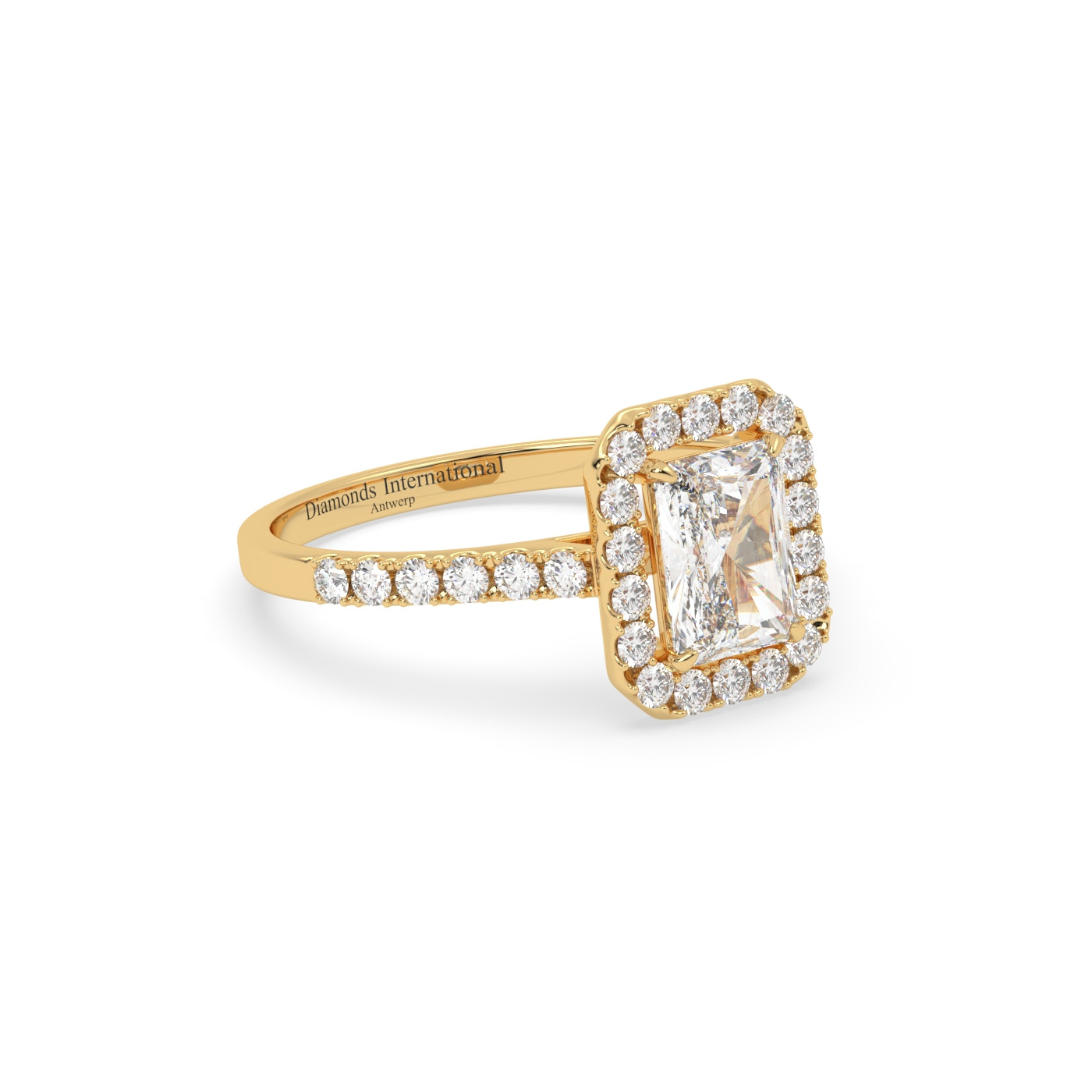 18k yellow gold  emerald cut halo style diamond engagement ring with pave band