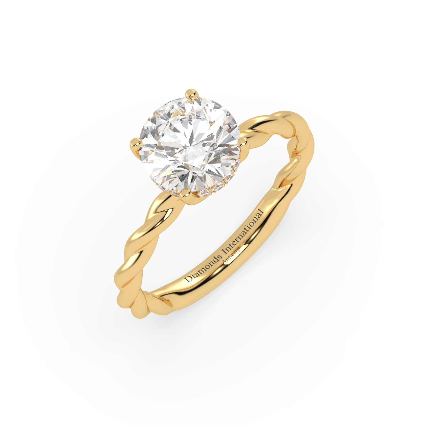 18k yellow gold  round cut solitaire braided diamond ring