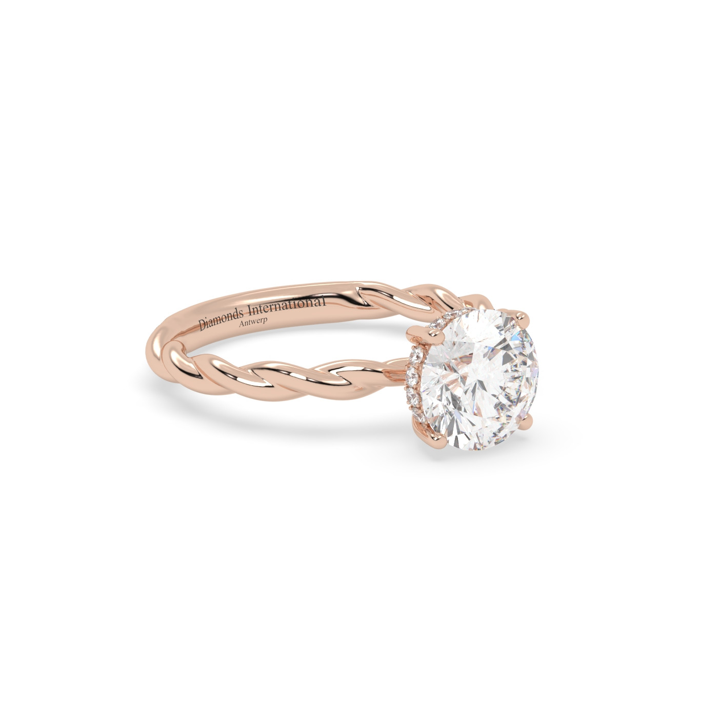 18k rose gold  round cut solitaire braided diamond ring