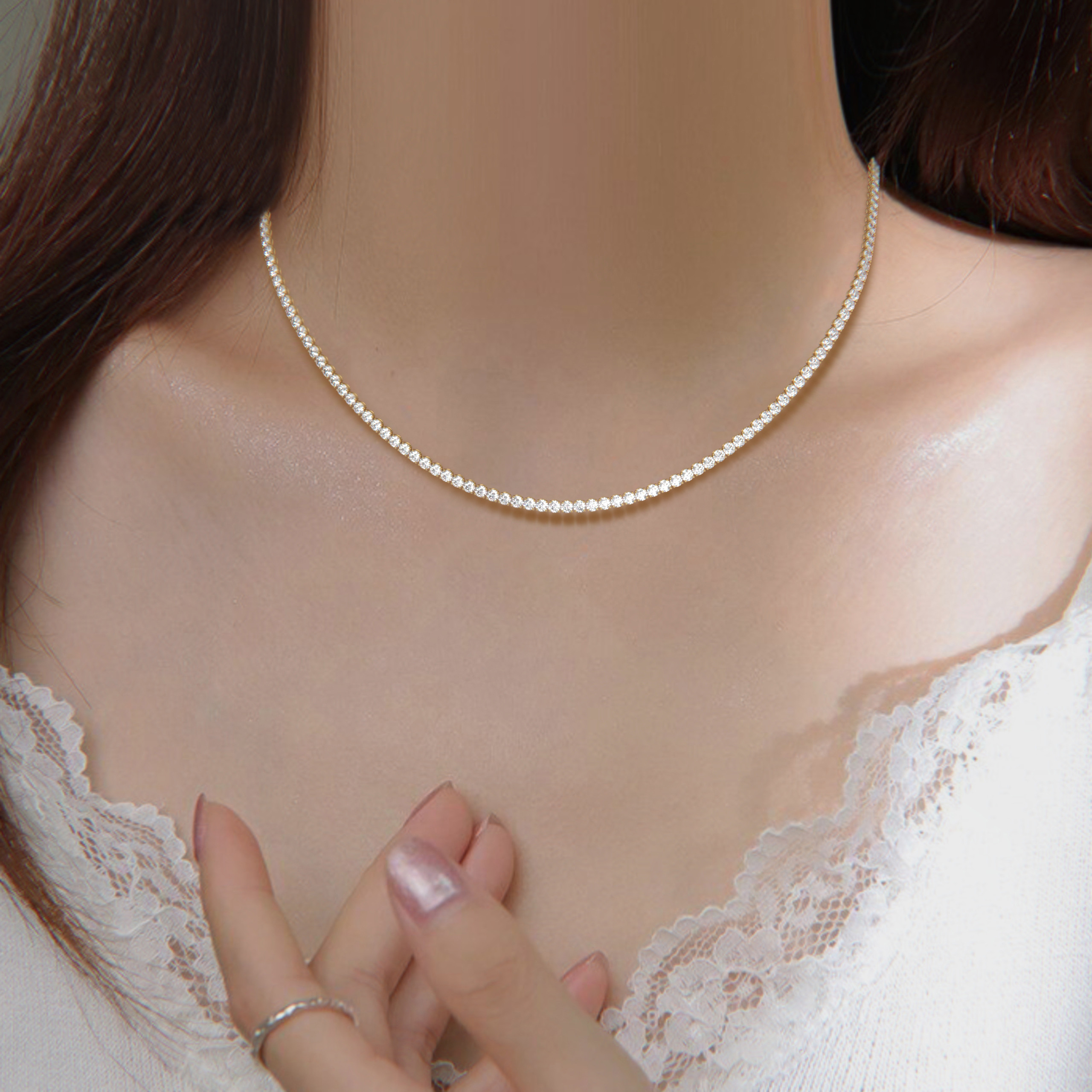 18k yellow gold 10 carat round diamond tennis minimalist necklace